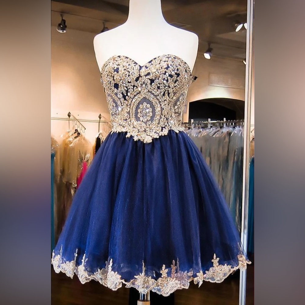 Elegant Blue and Gold Strapless Dress prom/homecoming